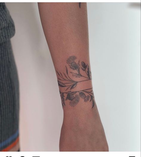 Arm Wrap Tattoo, Scottish Tattoos, Thistle Tattoo, Wrist Bracelet Tattoo, Cuff Tattoo, Ankle Bracelet Tattoo, Wrap Tattoo, Girl Arm Tattoos, Floral Cuff