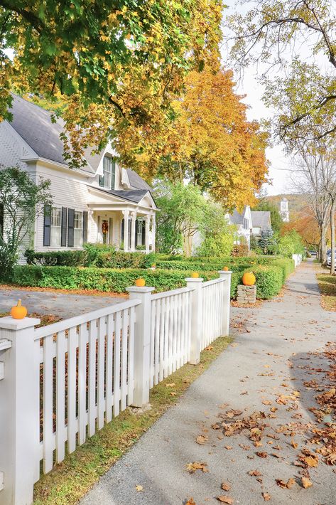 More autumnal themed neighborhood. While Leaf Peeping in Vermont 2019. | Kristy Wicks Houses In Vermont, Frame Wall Layout, Vermont Homes, New England Aesthetic, Vermont Fall, Garden Tattoo, Frame Layout, Suburban House, Leaf Peeping