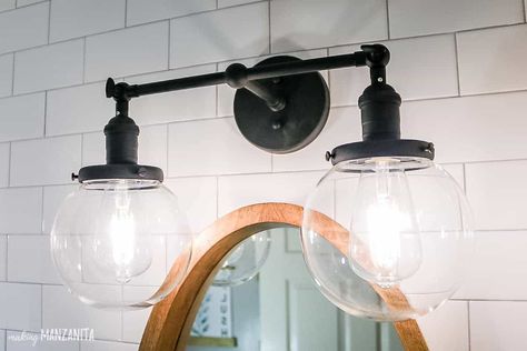 Vibe Bathroom, Modern Boho Farmhouse, Modern Bathroom Vanity Lighting, Edison Bulbs, Bathroom Red, Black Industrial, Modern Farmhouse Bathroom, Glass Globes, Boho Bathroom