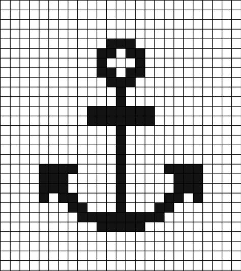 A pixel art template of an anchor, plain black on white. Kraken Pixel Art, Anchor Pixel Art, Pirate Ship Pixel Art, Sea Pixel Art, Lego Printmaking, Square Drawings, Anchor Silhouette, Tiny Owl Knits, Anchor Cross Stitch