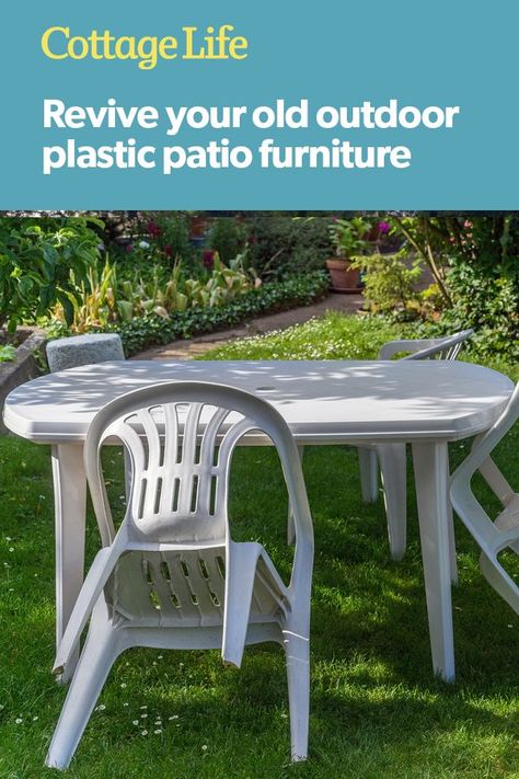 Follow our easy steps to restore and old plastic chairs and tables When exposed to the elements, all that bright and shiny plastic gets tired looking. Here are a few materials and tips on how to revive your old plastic! Restore Plastic Patio Furniture, Plastic Lawn Chair Makeover, Plastic Outdoor Table Makeover, Plastic Table Makeover Diy, Plastic Chair Makeover Diy, Plastic Table Makeover, Plastic Chair Makeover, Painting Plastic Furniture, Painting Plastic Chairs