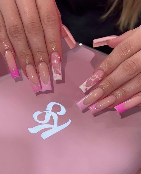 Birthday Nail Ideas Acrylic Purple, Pink Base Valentines Nails, Baddie Valentines Nails Acrylic, Pink Nail Sets Short, Hot Pink Valentines Nails, Valentines Day Nail Set, Valentines Acrylics, Purple Valentines Day Nails, Valentines Day Nails With Initials