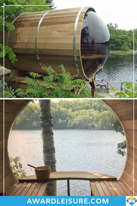 Enjoy endless views from the comfort of your private sauna haven with our Outdoor Cedar Barrel Sauna complete with panoramic dome window. Pin for later and click through to see the range of sizes and upgrade options available online now. #sauna #barrel #views #garden #relax Dome Window, Sauna Barrel, Cedar Sauna, Barrel House, Mobile Sauna, Log Cabin Ideas, Cabin In The Mountains, Barrel Sauna, Gym At Home