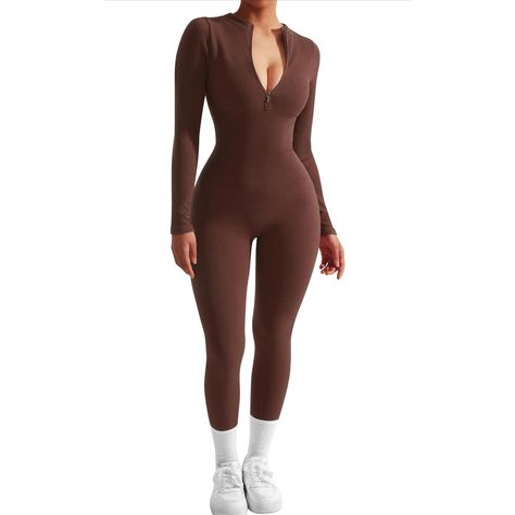 New Long Sleeve Ribbed Jumpsuit Zip Up Front Workout Romper L Brown 90% Nylon, 10% Spandex Hand Wash Only Sexy Long Sleeve Zip Up Jumpsuits: Zipper Front, Deep V, Mock Neck, Long Pants, Double Lined Bra Ribbed Seamless Yoga Jumpsuit: Snatched Bodycon Romper, Tummy Control, Buttery Soft Ribbed Fabric, 4way Stretchy Casual One Piece Fall Catsuit: Lightweight, Not See Through, Suitable For Fall, Winter And Spring Occasion: This Sexy Jumpsuits Is Perfect For Casual, Daily, Date, Home, Club, Party, N Home Club Party, Workout Romper, Casual One Piece, Glitter Romper, Bodycon Romper, Ribbed Jumpsuit, Yoga Jumpsuit, Strap Pants, Ibiza Outfits