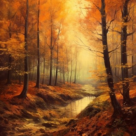 Forest in Fall~~~~ - Autumn Blessings Fall Aesthetic Painting, Big Landscape, Misty Nature, Forest In Fall, Fall Landscape Painting, Autumn Blessings, Fall Nature, Fall Landscape, Acrylic Painting Flowers