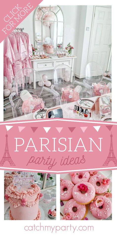 Take a look at this charming spa-themed Parisian birthday party! Love the birthday cake! See more party ideas and share yours at CatchMyParty.com French Food Party, Parisian Birthday, Parisian Birthday Party, Paris Themed Birthday Party, Chocolate Party Favors, Salon Party, French Party, Paris Cakes, Parisian Party