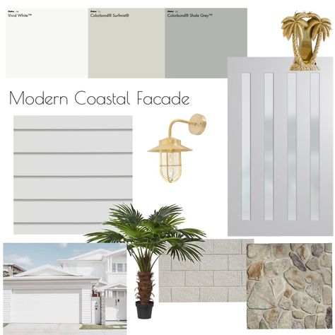 White House Coastal Exterior, Coastal House Colours, Modern Coastal Homes Exterior, White Weatherboard Exterior, Modern Coastal Exterior Paint Colors, White Facade House, Weatherboard Exterior Color Schemes, Brick And Weatherboard Exterior, Surfmist Exterior Colour Schemes