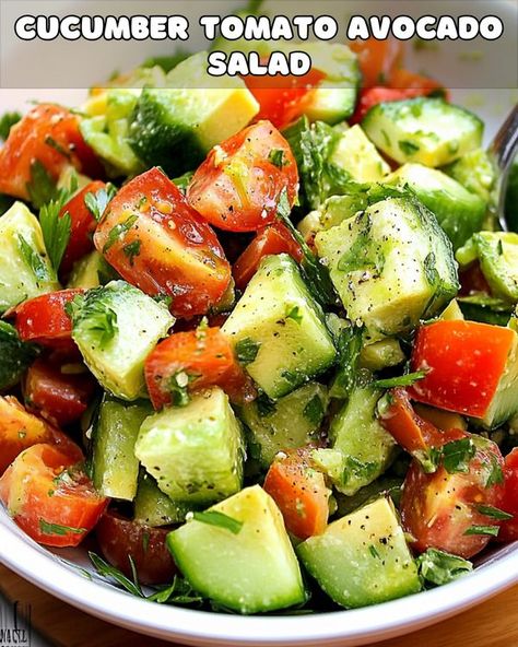 Yay Recipes Cucumber Tomato Avocado Salad Recipes, Cucumber Tomato Salad Italian Dressing, Cucumber Avocado Tomato Salad, Avocado Tomato Cucumber Salad, Avocado Cucumber Tomato Salad, Tomato Cucumber Avocado Salad, Tomato And Cucumber Salad, Cucumber Onion Salad, Tomato Avocado Salad