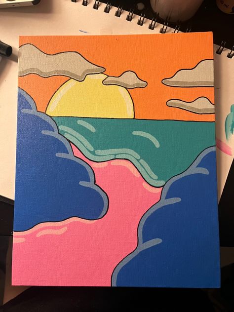 sunset painting with bright colors, outlined in sharpie Painting Ideas On Canvas Bright Colors, Painting With A Twist Ideas Easy, Sunset Simple Painting, Simple Posca Art, Rainbow Painting Canvases, Big Canvas Painting Ideas Easy, Easy Marker Art Simple, Sunset Drawing Easy, Sunset Simple