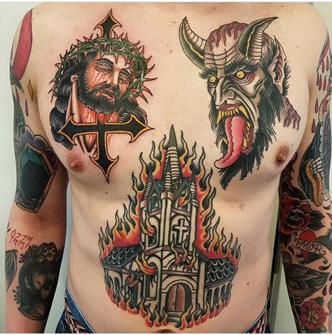 Traditional Gore Tattoo, Evil Traditional Tattoo, Tattoo Goat, Old School Tattoo Sleeve, Pop Culture Tattoos, Satanic Tattoos, Traditional Black Tattoo, Culture Tattoos, Tattoo Apprenticeship