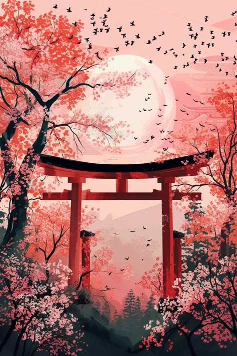 🌟💎Travel Wall Art with Midjourney Prompts - Click the Link in my Bio🌐🔗 Japanese Inspired Painting, East Asian Aesthetic, Tori Gate, Eevee Wallpaper, Visual Graphic Design, Romantic Wallpaper, Japan Painting, Photo Frame Wallpaper, Chinese Art Painting