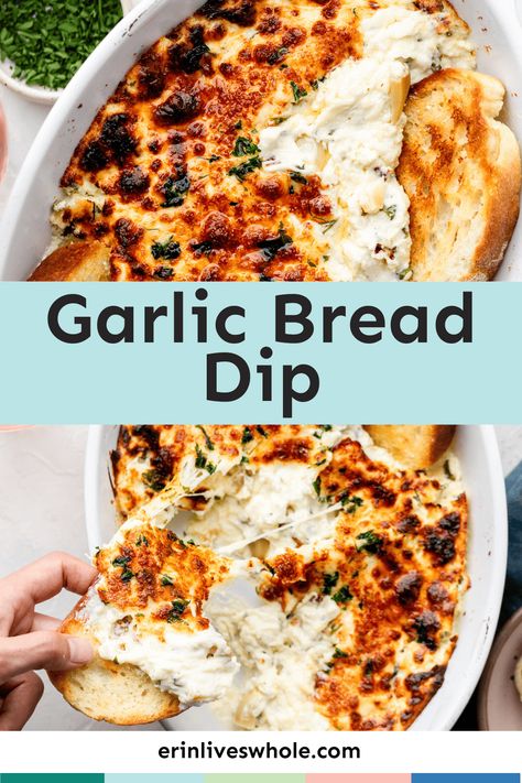 Garlic lovers, this one is for you! This delicious Garlic Bread Dip is the ultimate flavorful appetizer made with garlic, cheese, fresh herbs, and more! Enjoy with your favorite chips, garlic bread dippers, crostini, or slices of toasted baguette! Baked Garlic Dip, Sourdough Bread Dip Recipe, Dips For Baguette, Baked Garlic Bread Dip, Dip For Naan Bread, Foccacia Bread Dip Recipes, Roasted Garlic Appetizer, Toom Garlic Dip, Baguette Appetizer Ideas