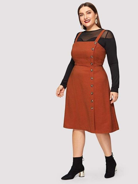 SheIn Plus Button Front Pinafore Dress   #plus size #plussize #plussizefashion #curvy #effyourbeautystandards #effyourbeautystandards #honormycurves #celebratemysize #goldenconfidence #plusmodelmag #fullfigured #ShopStyle #MyShopStyle click store link for more information or to purchase the item Tank Outfit, Look Retro, Cotton Blends Dress, Pinafore Dress, Plus Dresses, Overall Dress, Shein Style, Dress Plus Size, Look Plus