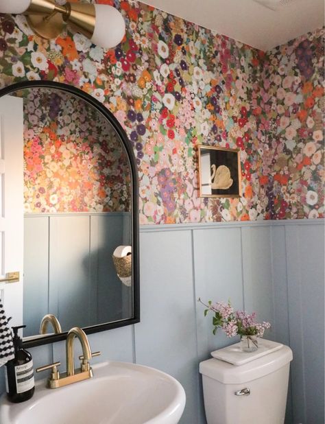 Colorful Powder Room Wallpaper, Board And Batten Wall Half Bath, Cute Wallpapers For Bathroom, Powder Bathroom Accent Wall, Colorful Powder Room Ideas, Colorful Half Bath, Board And Batten With Wallpaper Bathroom, Large Half Bathroom Ideas, Hollyhocks Wallpaper