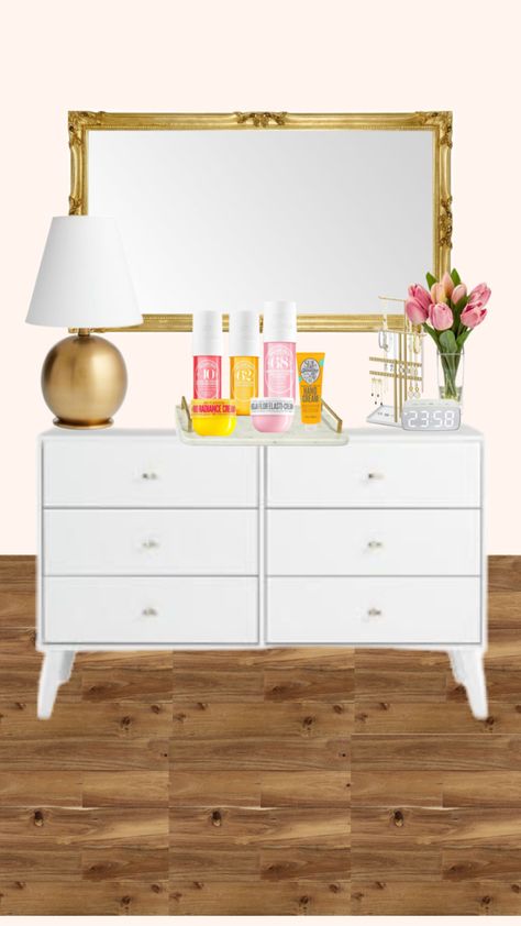 dresser area #preppy#dresser#soldejaniero#room#roomrenovation Dresser Top Decor Ideas, Dresser Decor Aesthetic, How To Decorate A Dresser Top, How To Style A Dresser Top, Style A Dresser Top, How To Style A Dresser, Decor For Dresser, Style A Dresser, Dresser Top Decor