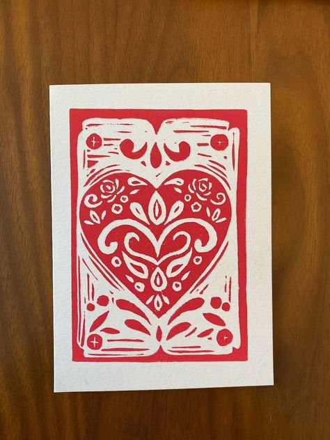 This Valentine heart block print, is a perfect Valentine's Day gift!  Each print is hand inked and pressed form a block that I designed and hand carved. Print measures 5"x7" and comes matted in a premium white 8"x10 mat -easy ready to frame size!  Choose from Red and white paper or Red on a vibrant blue handmade paper. Place your order soon to receive for Valentines Day  Slight print and color variations may occur since each artwork is handmade to order. Interested in ordering multiples of this Heart Linocut, Print Making Designs, Linocut Art, Paper Place, Valentine Print, Print Artwork, Lino Print, Vibrant Blue, Linocut Prints