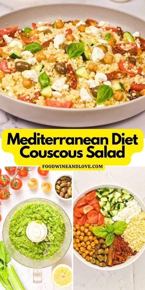 Mediterranean Diet Couscous Salad, a simple and delicious recipe filled with healthy ingredients. Vegan, Mediterranean Diet friendly. Vegan Mediterranean Diet, Couscous Healthy, Mediterranean Couscous Salad, Vegan Mediterranean, Couscous Salad Recipes, Mediterranean Couscous, Mediterranean Salad, Couscous Salad, Diet Healthy