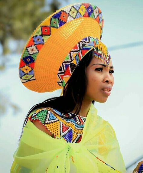 Zulu Makoti Adorned With Yellow Beaded Isicholo Hat and Beaded Cape Neckpiece – Clipkulture Zulu Beads, Zulu Culture, Zulu Women, Beaded Cape, Married Women, Beaded Hat, Kwazulu Natal, Women's Headwear, Married Woman