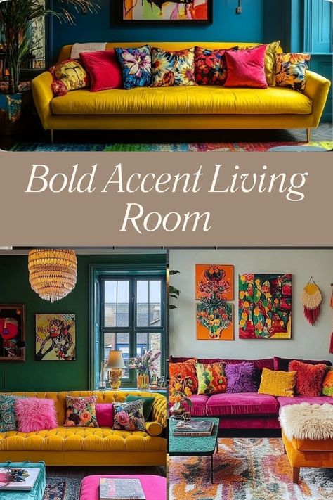 Add personality to your home with a bold accent living room, featuring vibrant colors and statement pieces. #BoldLivingRoom #AccentDecor Accent Color Living Room, Colorful Boho Living Room Inspiration, Colorful Boho Living Room, Multipurpose Living Room, Apartment Living Room Decor Ideas, Bold Home Decor, Accent Living Room, Boho Living Room Inspiration, Bold Living Room