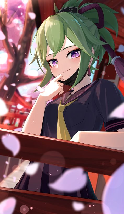 Shinobu Genshin, Kuki Shinobu, Short Ponytail, Purple Eyes, Depth Of Field, Lens Flare, Hair Ornaments, Green Hair, Image Boards