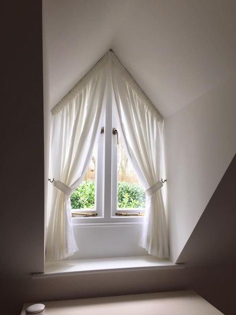 Voile in apex by Tara Charlton Curtains Triangle Window Coverings, Apex Windows, Triangular Windows, Curtains For Arched Windows, Curtains Childrens Room, Triangle Window, Attic Windows, Window Curtain Designs, Window Curtains Bedroom