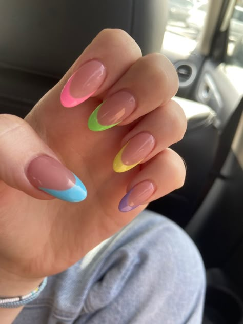 Multi Colored French Tips, Alomd Nails Cute Summer, Almond French Tip Nails Multicolor, Different Color Nail Tips, Multi Colored Nails French Tip, Pastel Rainbow Almond Nails, Short Almond Acrylic Nails French Tip Rainbow, Multi Colored French Tip Nails, Neon Rainbow French Tip Nails Almond