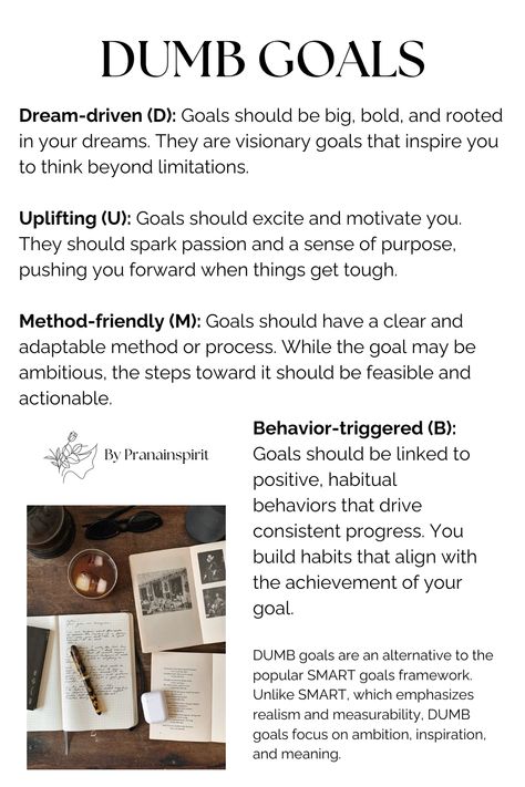 Here's a guide on how to set DUMB goals :D Great alternative for the famous SMART goals!  #dumbgoals #whoopgoals #smartgoals #goalsetting #memorization #college #uni #unistudent #effective #unitips #secondbrain #system #organizing #memory #selfimprovement #selfdevelopment #selfgrowth How To Set Systems Not Goals, Smarter Goals, Memorization, Quantum Leap, Todo List, Smart Goals, Aesthetic Words, Self Care Activities, Goal Setting