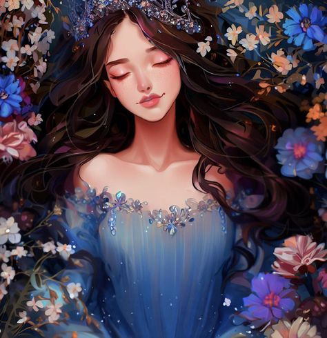 Sleeping Beauty Cartoon, Sleeping Beauty Art, Sleeping Drawing, Surrounded By Flowers, Fantasy Princess, Girl Sleeping, Flower Artwork, Gorgeous Art, Painting Art Projects