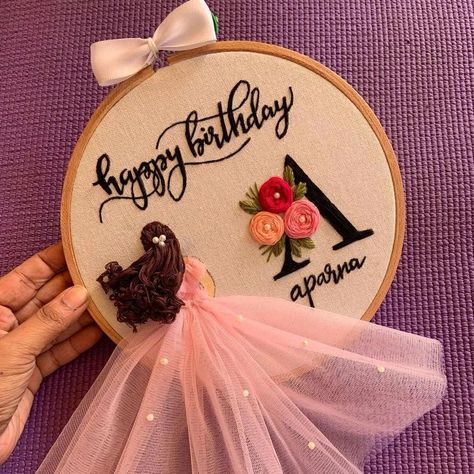 A very cute and beautiful birthday gift for your special one! ❤️❤️❤️ Dm to place your orders now💌💌💌 . . #birthdayhoopart❤️ #embroideryhoop Birthday Hoops Embroidery, Girly Embroidery, Crochet Frame, Embroidery Hoop Art Diy, Pillow Embroidery, Hoop Embroidery, Handmade Embroidery Designs, Bead Charms Diy, Beautiful Birthday