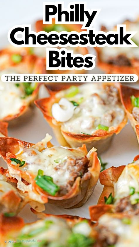 Make the most delicious Philly Cheesesteak Bites using wonton wrappers with this easy recipe. The perfect party appetizer. Cheesesteak Bites, Wonton Wrapper Recipes Appetizers, Wonton Bites, Wonton Cups Appetizers, Best Philly Cheesesteak, Christmas Eve Food, Puff Pastry Bites, Wonton Wrapper Recipes, Pastry Bites