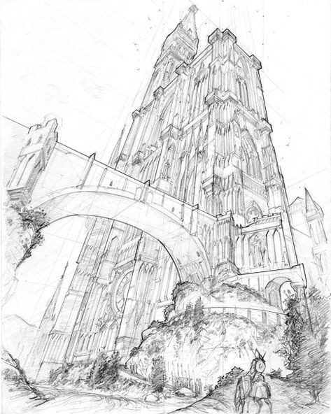 Castle Two Point Perspective, Gothic House Drawing, House Concept Art Interior, Drawing Basics Learning, Gothic Sketches, Fantasy House Concept Art, Building Concept Art, Fantasy House Concept, Gothic Art Style