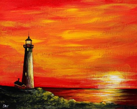 Lighthouse Sunset, Lighthouse Painting, Lighthouse Art, Silhouette Painting, Small Canvas Paintings, Oil Pastel Art, Landscape Paintings Acrylic, Art Pastel, Nature Art Painting