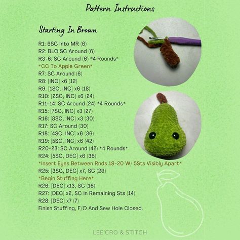 Lee’Cro & Stitch | 🍐PERRY THE PEAR DROP- FREE PATTERN!🍐 NOTE: R26 Please SC In Remaining Sts After DEC 4mm Hook Used For The Leaf 🤍 So Excited To Release… | Instagram Pear Crochet, Market Patterns, Crochet Pear, Crochet Tutorial Pattern, Easy Crochet Animals, Crochet Fruit, Quick Crochet Patterns, Pola Amigurumi, Crochet Animals Free Patterns