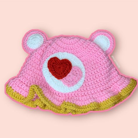 Reselling (Bought From Another Lovey Seller On Depop - @ Craftedcrochets But No Longer Have Use For It) Never Worn (Only Tried On For Pics) Comes In It’s Original Packaging Tooo Cute For The Fall/Winter, & If You’re A Fan Of Pink Or Care Bears This Is For You! Also Selling On My Depop: @Kcamille08 #Beanies #Fallfashion #Streetwear #Custom #Crochet Crocheted Bucket Hat, Crochet Character Hats, Crochet Store, Crochet Classes, Kawaii Crochet, Adorable Crochet, Crochet Bucket Hat, Custom Crochet, Bear Hat