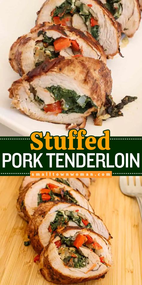 Impress everyone with this stuffed pork tenderloin recipe! It's a simple dinner idea in just 30 minutes. With a vegetable and Parmesan filling, this main dish for dinner is elegant and flavorful! Stuffed Pork Tenderloin Recipes, Pork Tenderloin Oven, Pork Recipes For Dinner, Pork Tenderloin Recipe, Garlic Spinach, Fun Dinner, Tenderloin Recipe, Stuffed Pork, Pork Dinner