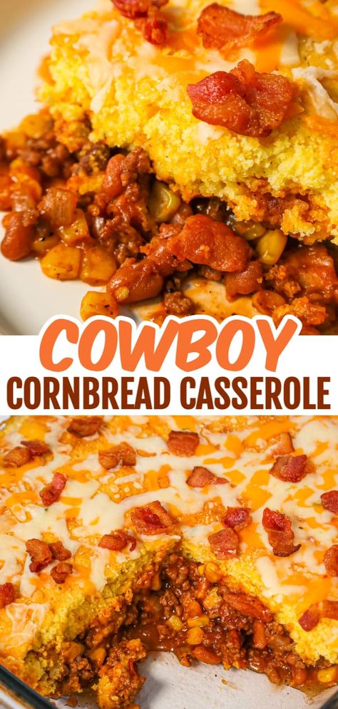 Cowboy Cornbread Casserole, Bacon Baked Beans, Recipes Using Hamburger, Baked Bean Casserole, Cowboy Cornbread, Easy Ground Beef Casseroles, Cornbread Casserole Recipe, Beans And Cornbread, Corn Bread Bake