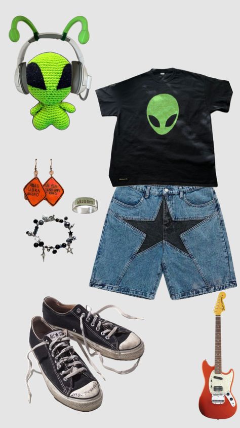 #alien#outfit#outfitinspo#spyder#green #black#converse#guitar#space#silly Alien Outfit, Green Alien, Black Converse, Green Outfit, Converse, Guitar, Outfit Inspo, Green, Clothes