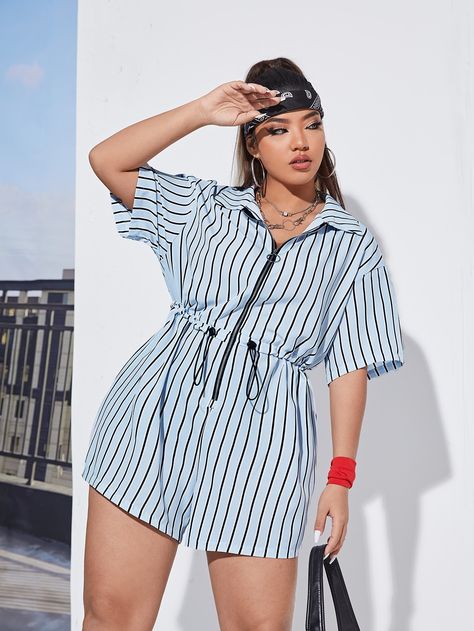 SHEIN Plus Striped Drawstring Waist Romper Short Jumpsuit Outfit, Dress For Chubby Ladies, Dress For Chubby, Jumpsuit Outfit Casual, Plus Size Short Dresses, Jumpsuit Outfit, Plus Size Jumpsuit, Short Jumpsuit, 50 Fashion