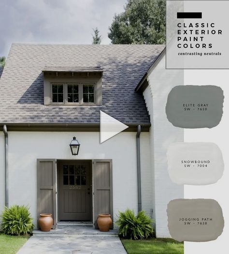 ▷▷I'm sharing my favorite classic and timeless exterior paint color combinations on the blog today...th examples of how to use them! exterior house colors with red brick, house exterior colors schemes, exterior house colors with black windows, exterior house colors with stone.. Timeless Exterior, Exterior Paint Combinations, Exterior Paint Color Combinations, Grey Exterior House Colors, Exterior Gray Paint, Exterior Paint Schemes, Gray Paint Colors, Paint Color Combinations, Gray House Exterior