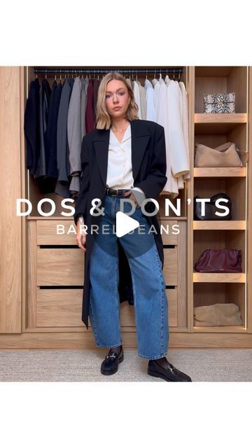 Lydia Tomlinson on Instagram: "Dos & Don’ts of styling barrel jeans with shoes - links are on my LTK page!" Kitten Heel Boots With Jeans, Baggy Jeans And Boots Outfit, Shoes To Wear With Barrel Jeans, Barrel Jeans With Boots, Barrel Jeans Winter Outfit, Two Toned Jeans Outfits, How To Wear Jeans With Ankle Boots, Jeans With Sweater Outfit, Styling Barrel Jeans