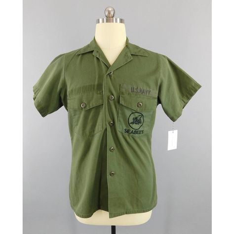 Vintage 1980's US Navy Shirt Military Seabees Uniform OG-507 Olive... ($39) ❤ liked on Polyvore featuring tops, vintage work shirts, army green top, vintage shirts, vintage tops and military green shirt Us Navy Seabees, Us Army Uniforms, Us Navy Shirts, Military Green Shirt, Navy Seabees, Disco Fashion, Summer Uniform, Utility Shirt, Shirts Vintage