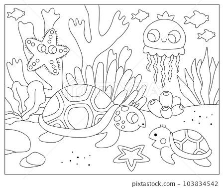 Vector black and white under the sea landscape illustration with tortoise and baby. Ocean life line scene with sand, seaweeds, corals, reefs. Cute horizontal water nature background, coloring page Under Water Coloring Pages, Under The Sea Landscape, Dinosaur Plant, Underwater Background, Steam Learning, Life Line, Sea Landscape, Water Nature, Baby Painting