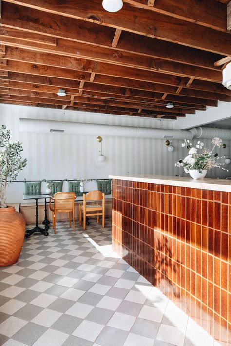 Brick Bar, Brick Bathroom, Bar Tile, Vintage Inspired Kitchen, Sarah Sherman, Orange Tiles, House Cafe, Sarah Sherman Samuel, Glazed Brick