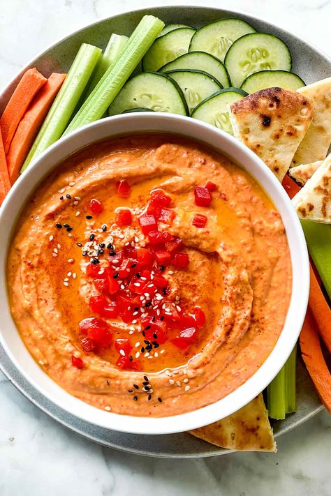 Roasted Red Pepper Hummus | foodiecrush.com Roasted Red Pepper Hummus Recipe, Red Pepper Hummus Recipe, Hummus Appetizers, Hummus Recipes, Unique Appetizers, Hummus Recipe Homemade, Pepper Hummus, Roasted Red Pepper Hummus, Red Pepper Hummus