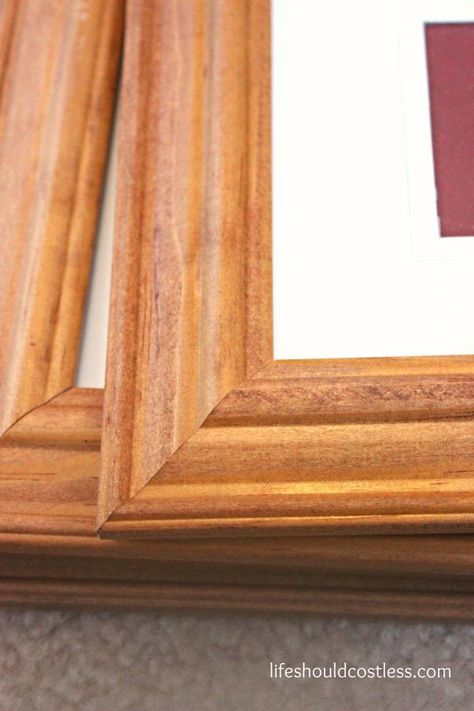 Cheap Picture Frame Make-Over & The One-Year-Old Wall - Life Should Cost Less Painting Picture Frames Diy, Wood Frames Diy, Diy Sanding, Cheap Picture Frames, Oak Picture Frames, Scratched Wood, Making Picture Frames, Sanding Wood, Painted Picture Frames