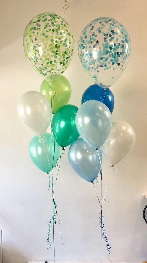 Blues and greens Blue And Green Birthday Theme, Blue And Green Birthday Decorations, Blue And Green Graduation Party, Green And Blue Party, Blue And Green Balloons, Ocean Baby Shower Theme, Green Graduation Party, Twilight Party, Ocean Baby Showers