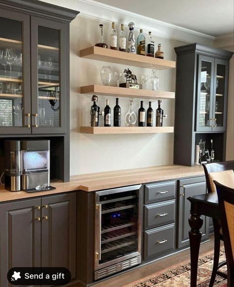 Modern Kitchen Buffet Cabinet, Wine Bar Built In Cabinets, Kitchen Cabinet Different Depth, Kitchen Buffet Area, Bar Wall With Shelves, Modern Farmhouse Shaker Cabinets, Built In Kitchen Bar Ideas, Pantry Buffet Cabinet, Bar Coffee Area In Kitchen