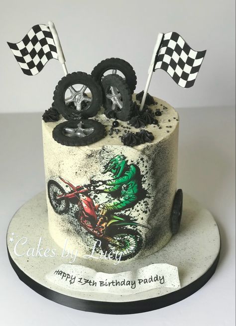 Motorbike themed 17th birthday cake Motorcycle Birthday Cakes For Men, Motorbike Cakes, Motocross Cake, Motorcycle Birthday Cakes, Minecraft Cake Designs, 17th Birthday Cake, Motorbike Cake, Motorcycle Cake, Motorcycle Birthday