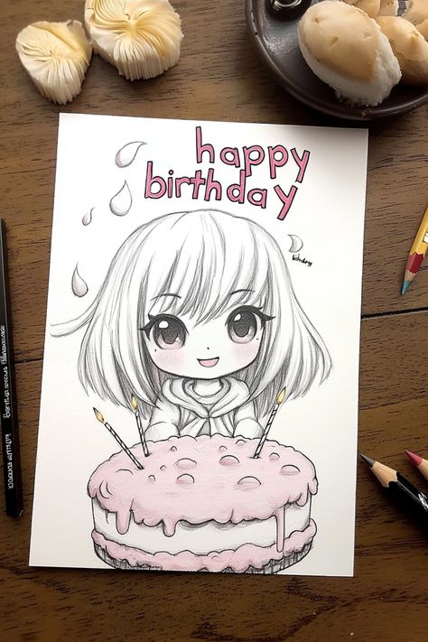 A chibi-style happy birthday drawing showing a smiling girl with short hair and a pink frosted cake for a delightful birthday card idea. Happy Birthday Drawing Ideas, Happy Birthday Drawing, Colored Pencil Ideas, Birthday Drawing Ideas, Cute Chibi Girl, Birthday Drawings, Happy Birthday Drawings, Emoji 1, Birthday Drawing