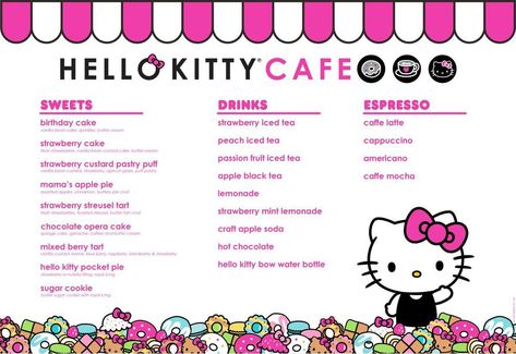 Hello Kitty Food Truck, Hello Kitty Restaurant, Cafe Hello Kitty, Bloxburg Decals Codes Aesthetic, Cafe Posters, Mint Lemonade, Bloxburg Decals Codes Wallpaper, Peach Ice Tea, Hello Kitty Bow